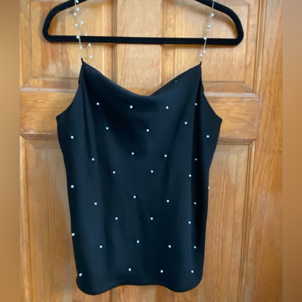 Do+Be Black Camisole Top With Pearls & Adj Gold Pearl Straps, Size Medium